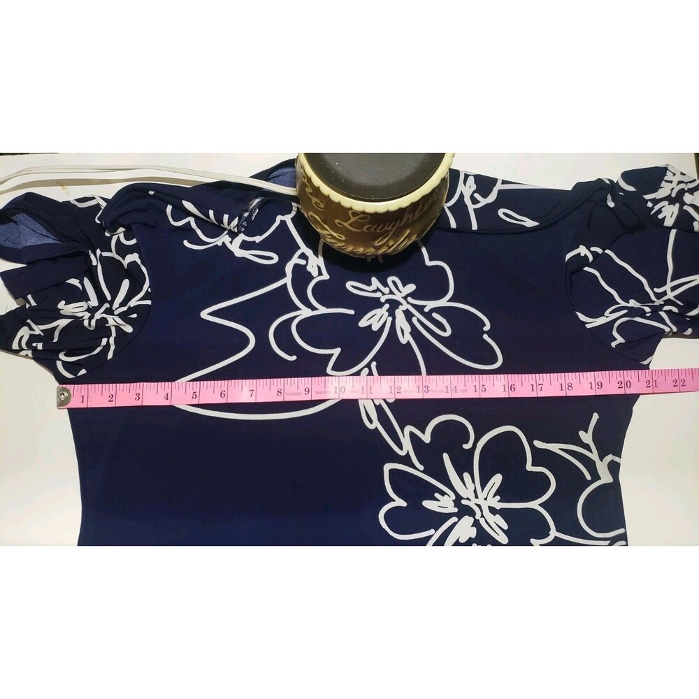 Neiman Marcus Size 16 Navy Blue White Floral Shift Dress Slinky Stretchy - Picture 7 of 8